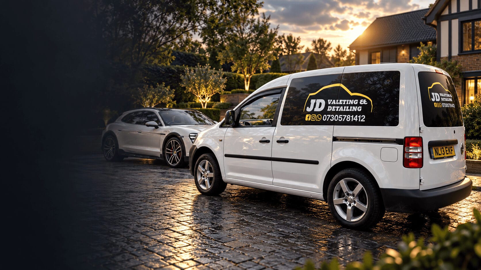 The JD Valeting & Detailing van on a block-paved driveway at sunset, beside a freshly cleaned car