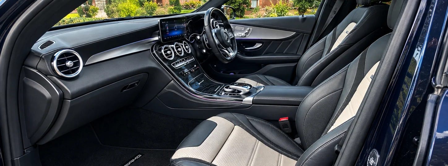 Mercedes-Benz interior with black and white leather seats after cleaning