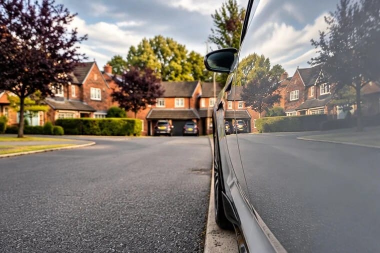 Trees and houses reflected in freshly polished paintwork